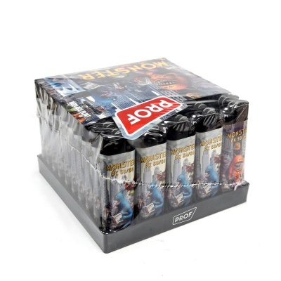 Pack de vários isqueiros com rótulos MONSTER PK 58/60 e embalagem com etiqueta PROF