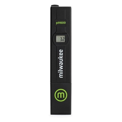 Medidor digital de pH preto com visor e texto