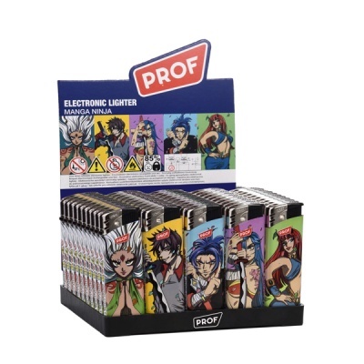 isqueiros eletrónicos manga ninja PROF em expositor colorido com caixa azul