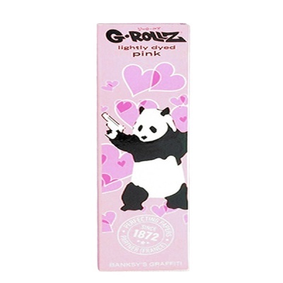 Caixa rosa com panda a segurar pistola e texto G-ROLLZ