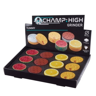 Moinhos circulares CHAMP HIGH com padrões de melancia, chocolate, laranja e queijo em caixa preta