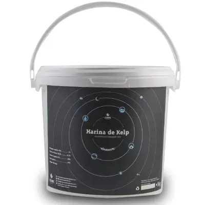 Embalagem branca de Harina de Kelp com rótulo preto e azul