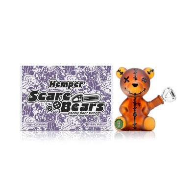 Urso de vidro transparente bronze com caixa branca e lilás decorada