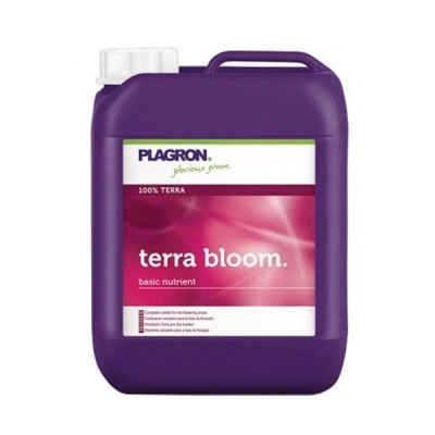 Recipiente plástico roxo com rótulo de fertilizante terra bloom da Plagron