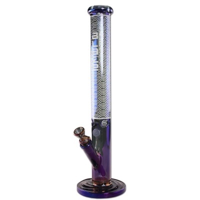 Bong em vidro roxo translúcido com padrão branco de ondas e texto BLAZE GLASS