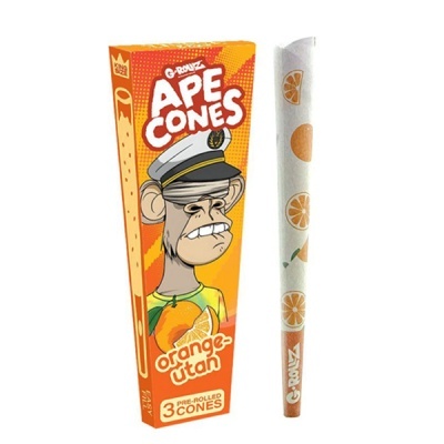 Embalagem laranja com desenho de macaco e cone branco decorado com laranjas
