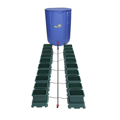 Sistema de plantação com vasos verdes e depósito azul Flexi Grow