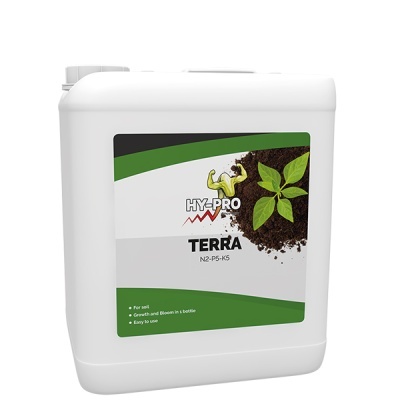Bidão branco com rótulo de fertilizante HY-PRO TERRA
