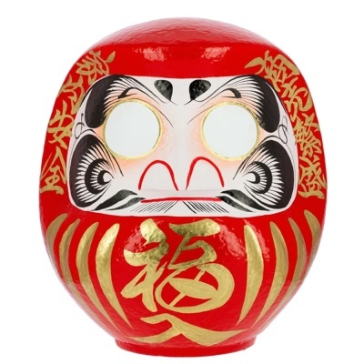 Máscara Daruma tradicional vermelha com detalhes dourados e pretos