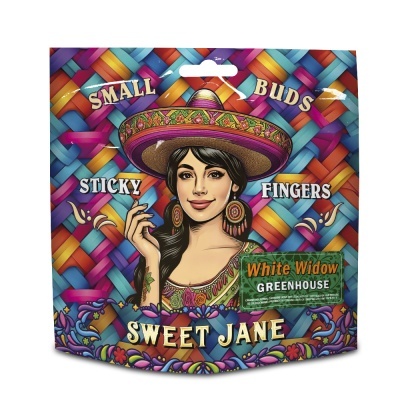 Embalagem colorida com ilustração de mulher com sombrero