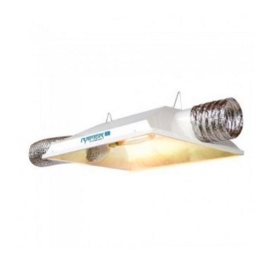 Luminária retangular branca com tubos flexíveis metálicos nas extremidades