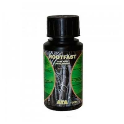 Frasco preto de produto ROOTFAST com tampa preta e rótulo verde e preto com imagem de raízes