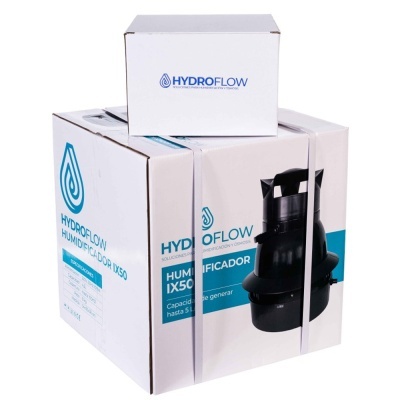 Caixa branca de humidificador Hydroflow IX50 com texto azul e preto e imagem do aparelho negro