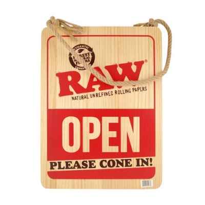 Placa de madeira RAW com texto OPEN e PLEASE COME IN
