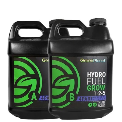 Dois frascos pretos de nutrientes para plantas Green Planet Hydro Fuel Grow.