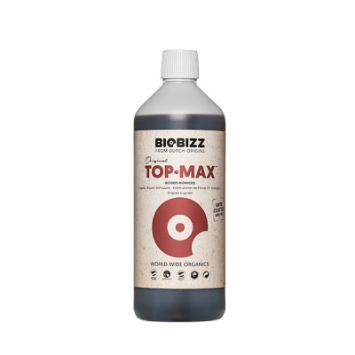 Frasco de BioBizz Top-Max com etiqueta bege e tampa branca