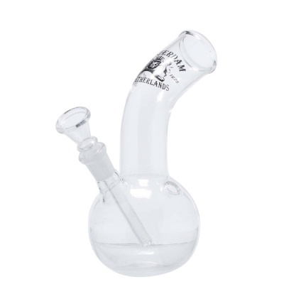 Cachimbo de vidro transparente com base redonda e pescoço curvo com texto