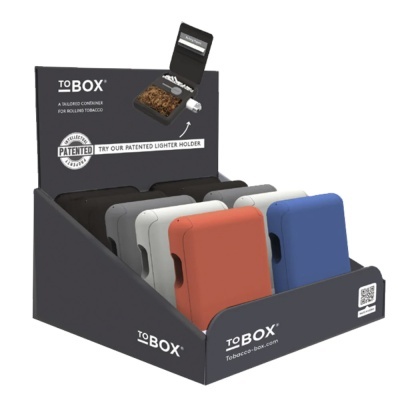 Caixas para tabaco de enrolar TOBOX em várias cores dentro de expositor preto