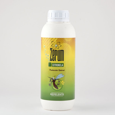 Frasco branco com rótulo amarelo e verde de repelente de citronela com desenho de mosquito cartoon