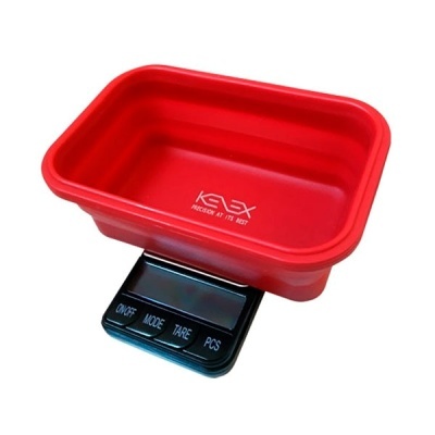 Balança digital de cozinha com recipiente vermelho e base preta com botões