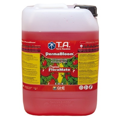 Recipiente plástico de fertilizante líquido PermaBloom Original FloraMato com líquido vermelho e rótulo colorido