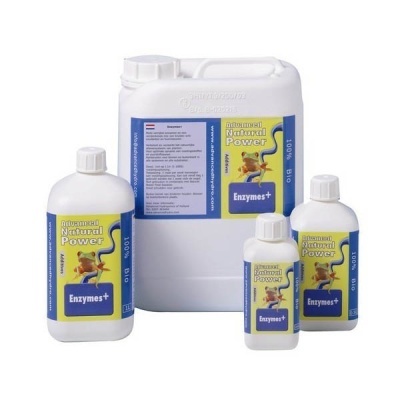 Garrafas brancas de diferentes tamanhos com rótulos azuis e amarelos do produto Advanced Natural Power Enzymes+