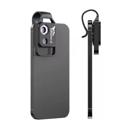 Acessório preto com lente para smartphone e botão de ligar com texto Yollinator.nl