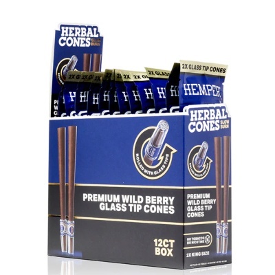 Caixa azul e preta com cones HERBAL CONES ponta de vidro