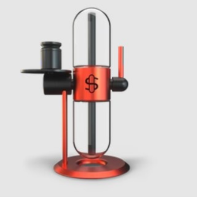 Acessório para café em metal laranja e preto com base circular e recipiente suspenso