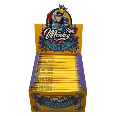 Expositor amarelo de papel para fumar King Monkey Sweet Jane com imagem de macaco astronauta com coroa