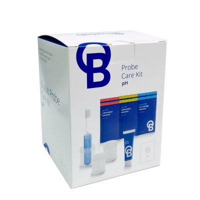 Caixa branca do kit de manutenção para sonda CB com soluções de calibração pH e acessórios.