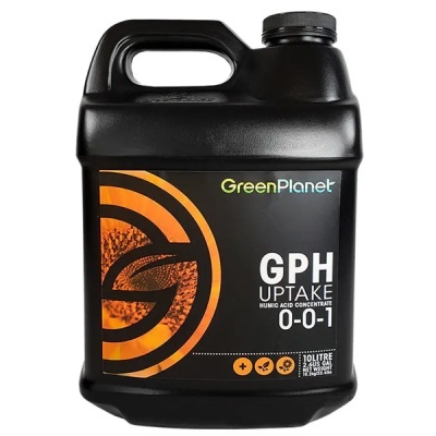 Recipiente preto de concentrado ácido húmico GreenPlanet com rótulo preto e laranja
