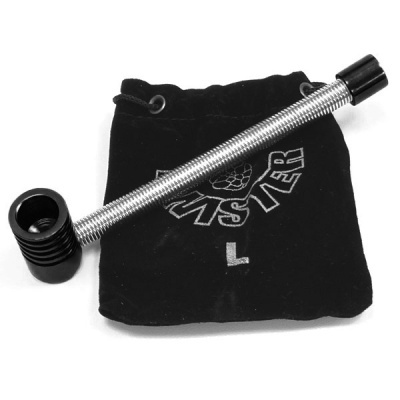 Tubo metálico flexível com saco de veludo preto com texto branco