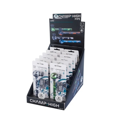 Cachimbos de vidro camuflados embalados em cartão em expositor CHAMP HIGH.