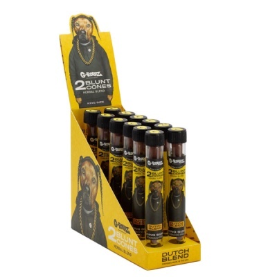 Expositor de blunt cones amarelo com imagem de cão e texto da marca