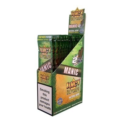 Expositor de pacotes verdes de enroladores JUICY HEMP WRAPS MANIC em caixa de cartolina.