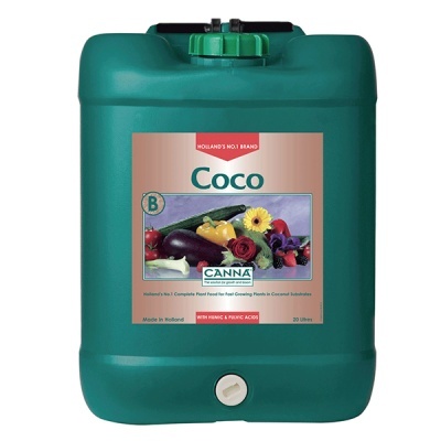 Contentor verde 20L com etiqueta do produto Coco da CANNA