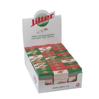 Expositor com caixas de filtros biodegradáveis Jilter multicoloridas