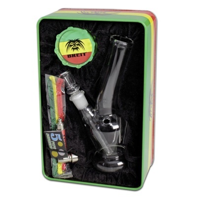 Conjunto de fumar com peça de vidro, grinder colorido BREIT e isqueiro na caixa