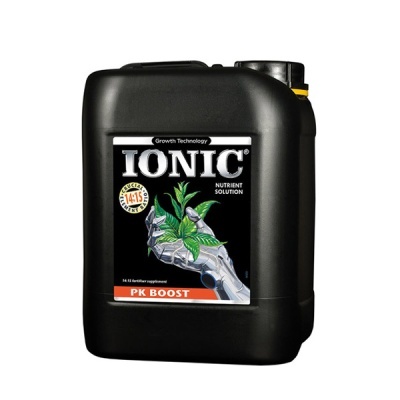 Recipiente preto de plastico com rotulo TONIC Nutrient Solution e imagem de mão metálica com folhas