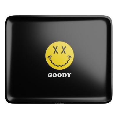 Tabuleiro preto com smiley amarelo e texto GOODY.