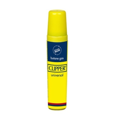 Isqueiro Clipper universal amarelo com tampa e rótulos de texto