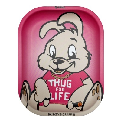 Tabuleiro rosa com desenho de coelho branco e texto THUG FOR LIFE