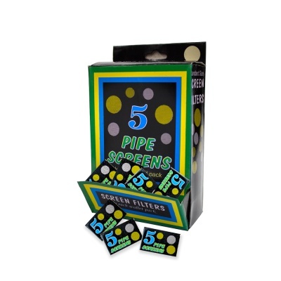 Pacotes de filtros para cachimbo em caixa colorida com texto explicativo.