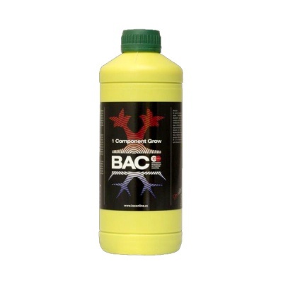 Frasco de fertilizante BAC 1 Component Grow amarelo com tampa verde e rótulo preto