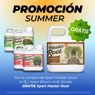 Frascos brancos de fertilizantes Master Grow, Bloom e Root com promoção de verão e oferta grátis