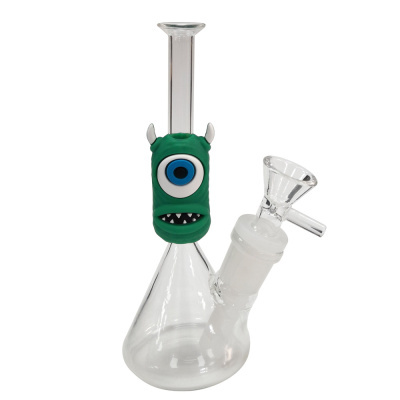 Bong de vidro transparente com decoração verde de monstro com um olho