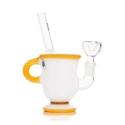 Bong de vidro branco e amarelo com desenhos de olhos e duas partes para fumar
