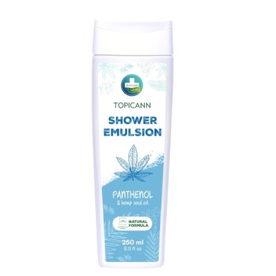 Frasco de emulsão para duche Topicann com rótulo azul e branco e folha de cânhamo