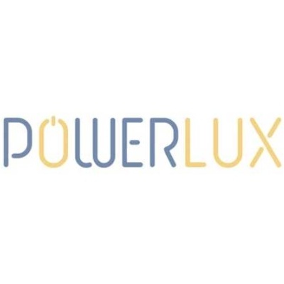 Logótipo texto POWERLUX azul e amarelo em fundo branco